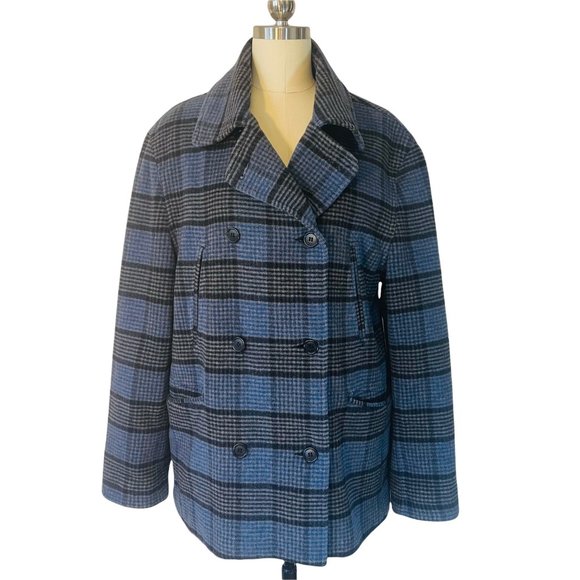 J Crew Blue Black Plaid Jacket Peacoat Wool Blend Button LS Lined sz L $365 EUC - Picture 1 of 8